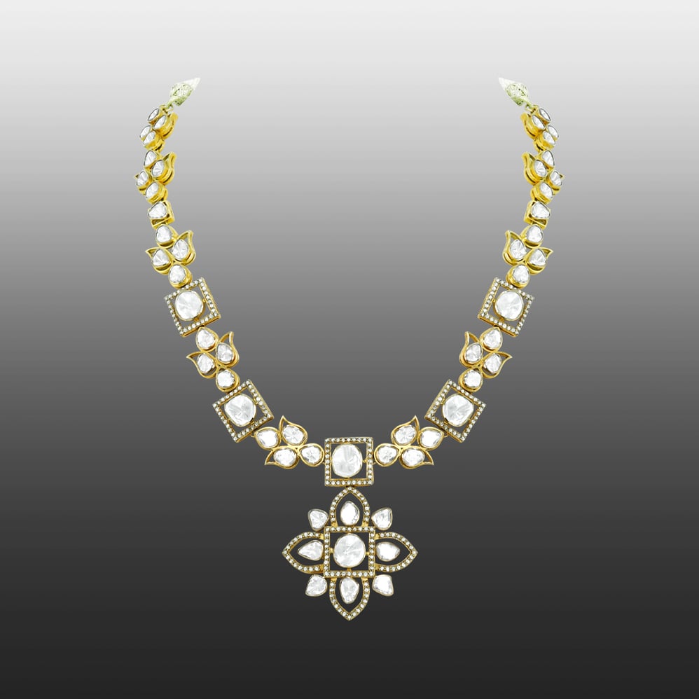 Polki Necklace with Floral Motifs and Lotus-Inspired Pendant